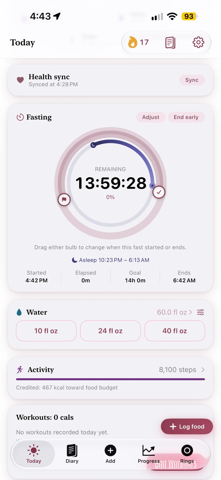 Ola's Today screen with a fast running: a dial you drag to change it, with last night's sleep on it