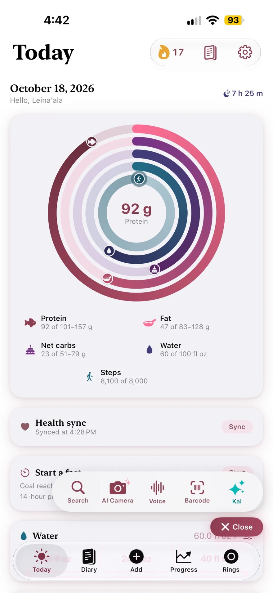 Ola's Today dial in the Berry theme: rings for protein, fat, net carbs, water and steps