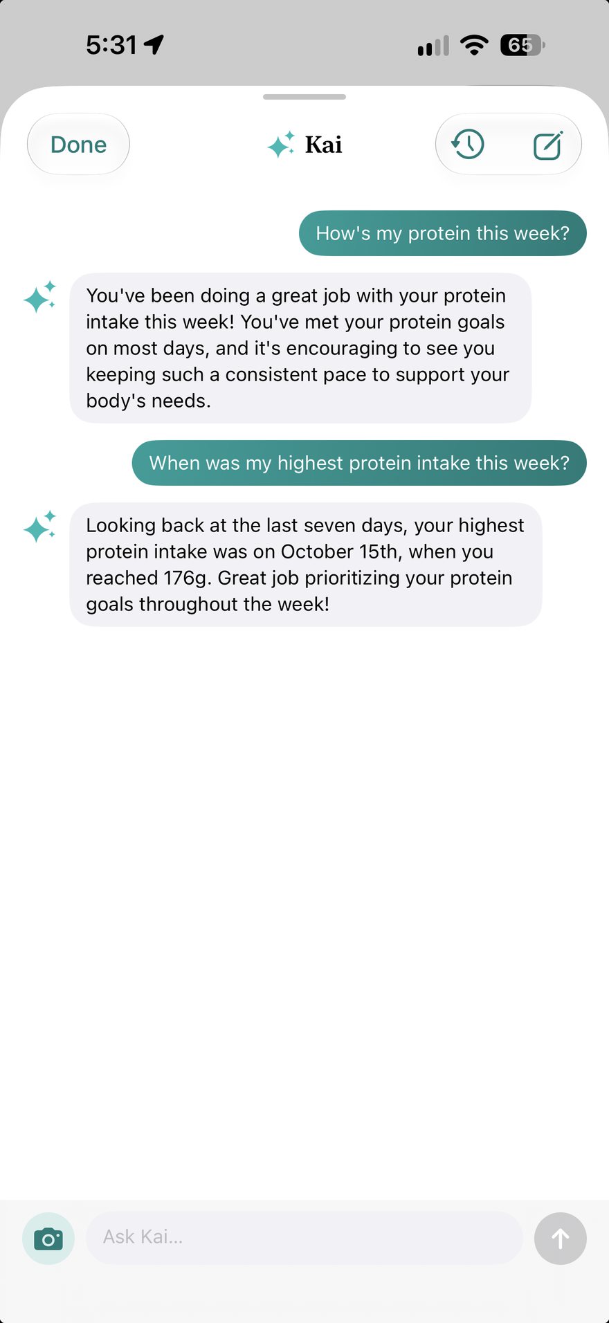 Kai answering from the diary: a week of good protein intake, with the highest day on October 15th